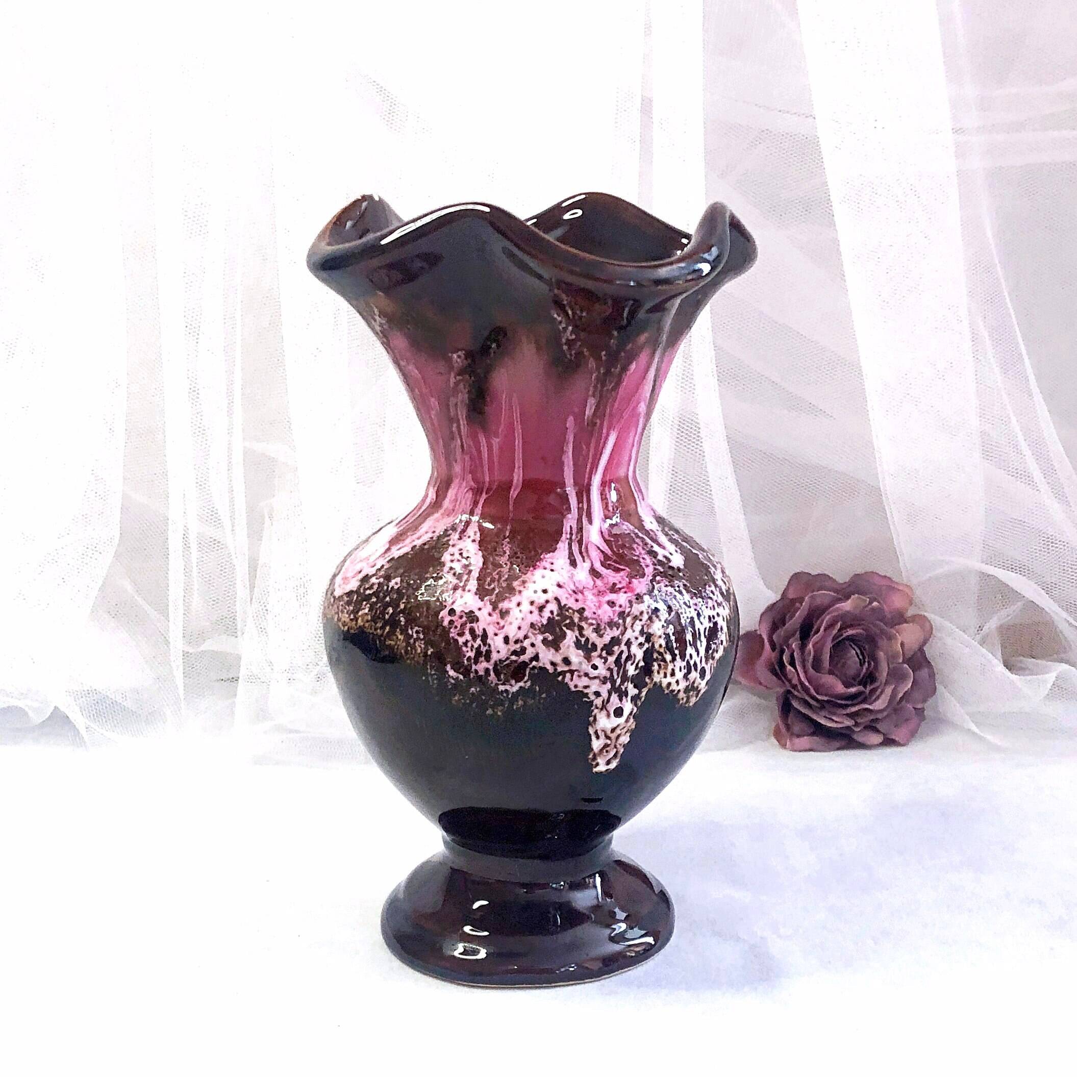 Seafoam tulipwood vase, brown and pink, Vallauris, signed PG