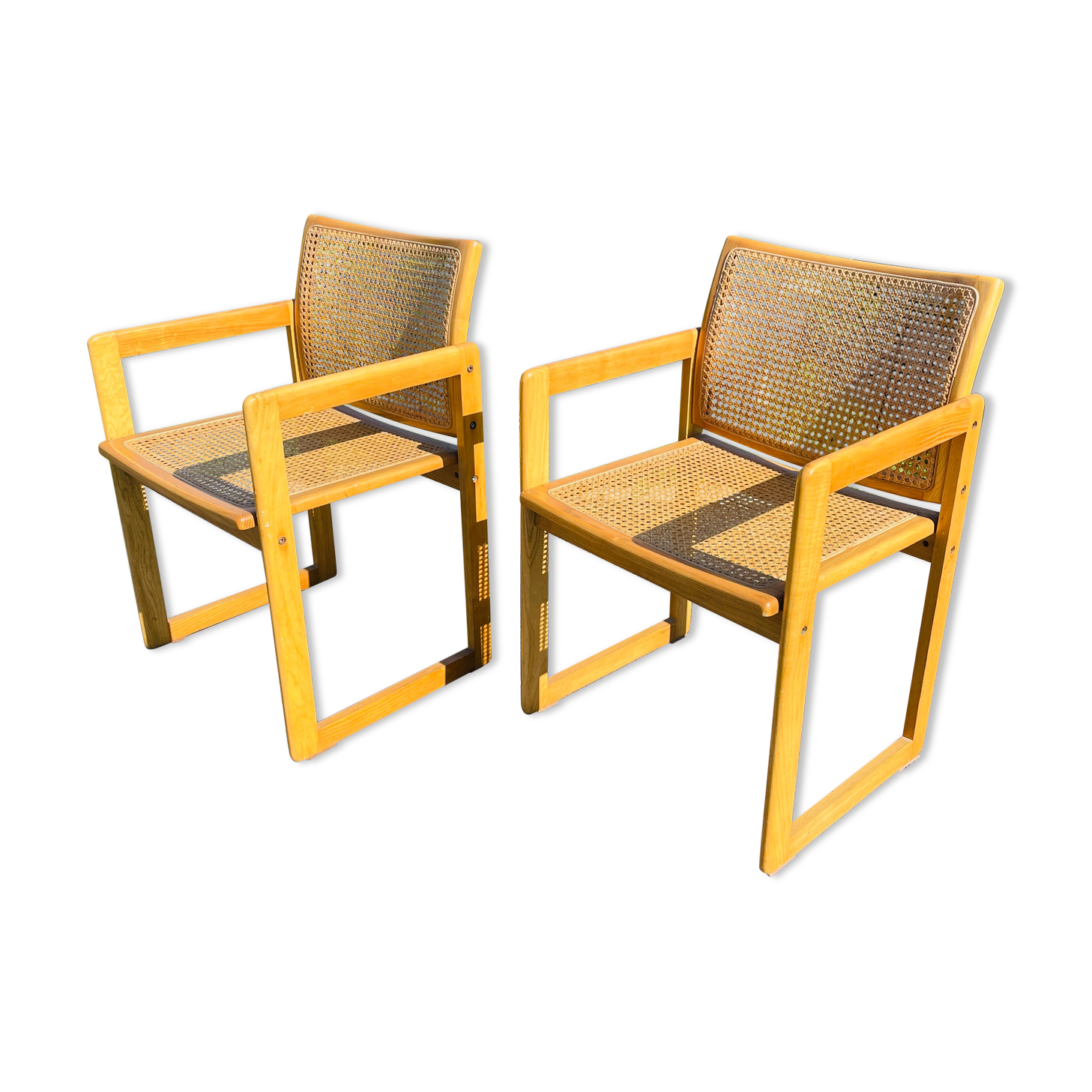 Paire de fauteuils vintage bois et cannage scandinave