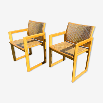 Paire de fauteuils vintage bois et cannage scandinave
