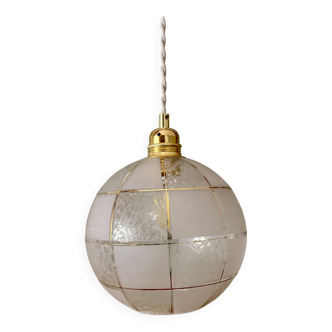 Suspension globe vintage Art Déco en verre blanc, transparent et doré