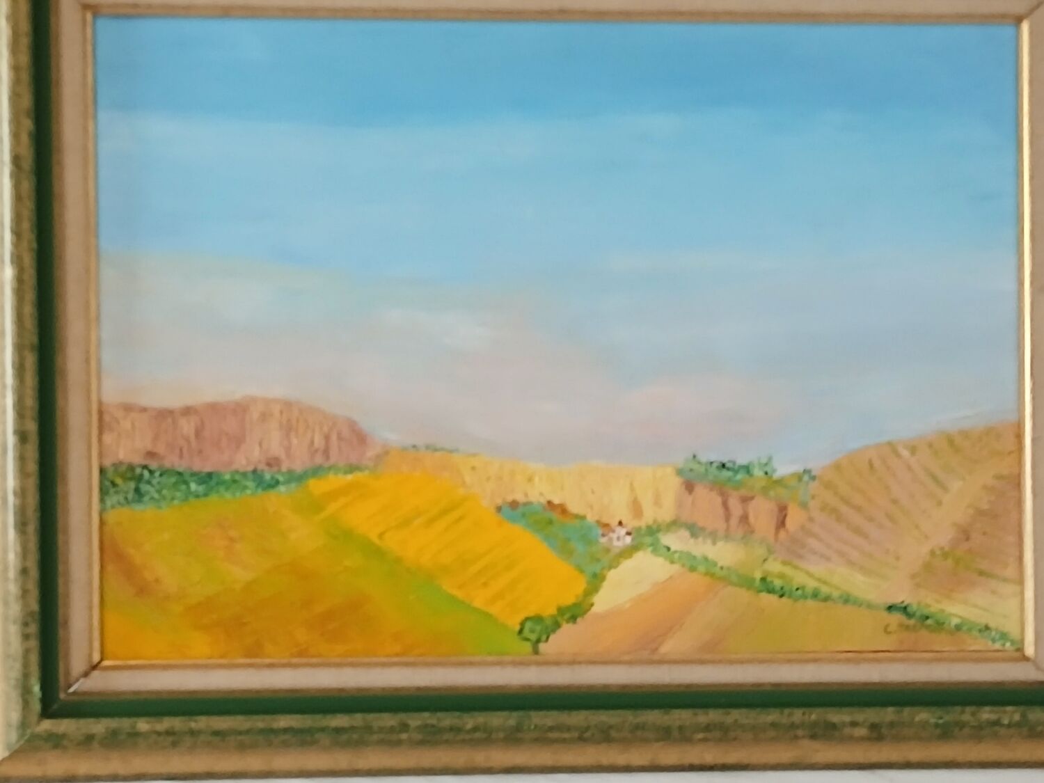 Oil on Canvas "Sunny Countryside" – Vintage Gold and Green Frame