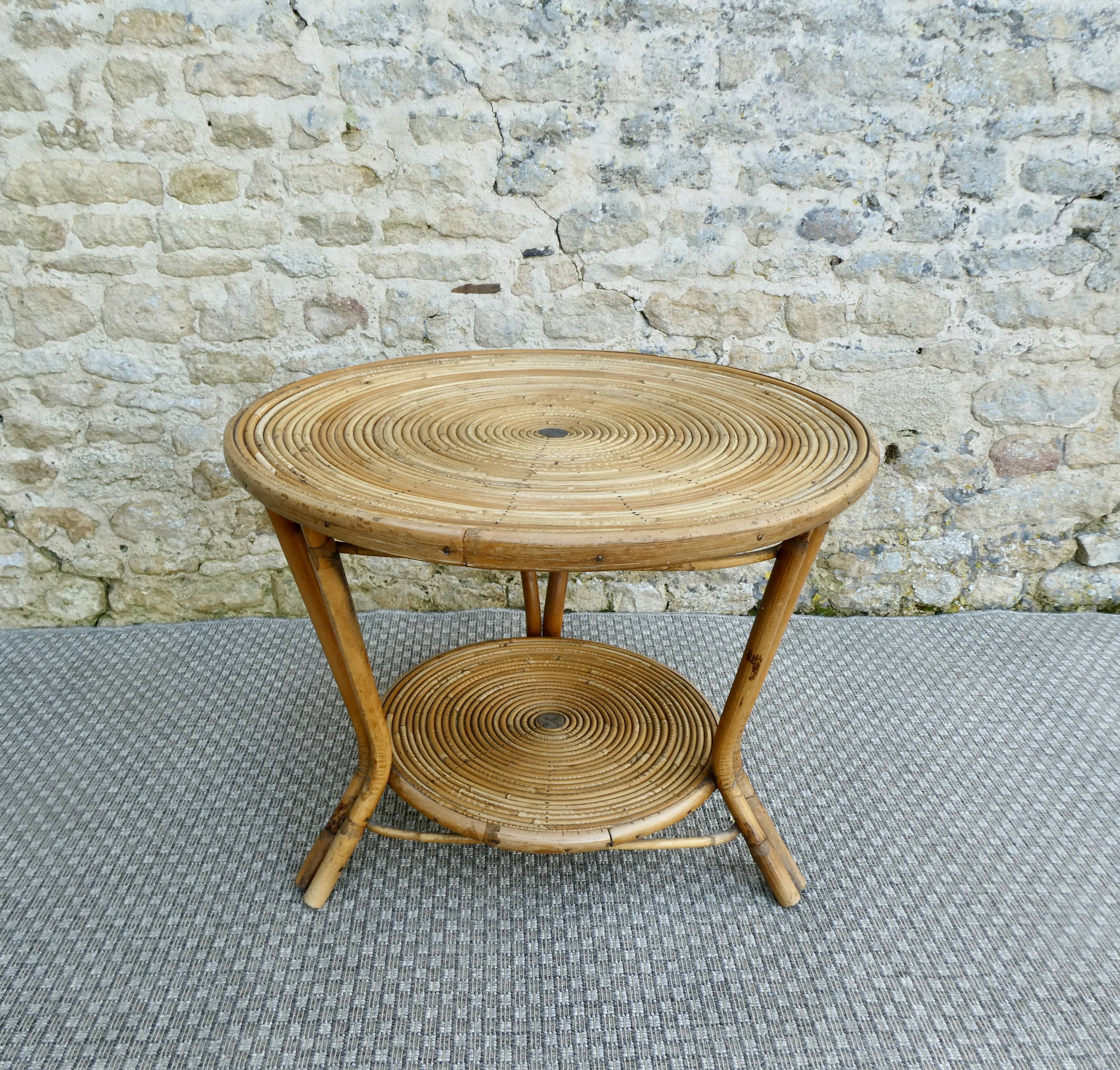 Rattan coffee table, tripod, with double top, 1960s