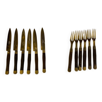 Couverts à dessert gml - couteaux et fourchettes en bois et bronze années 50