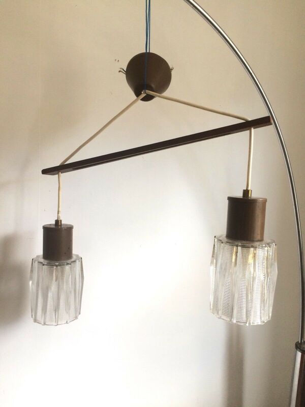 Suspension style boomerang scandinave bois et cristal design années 60