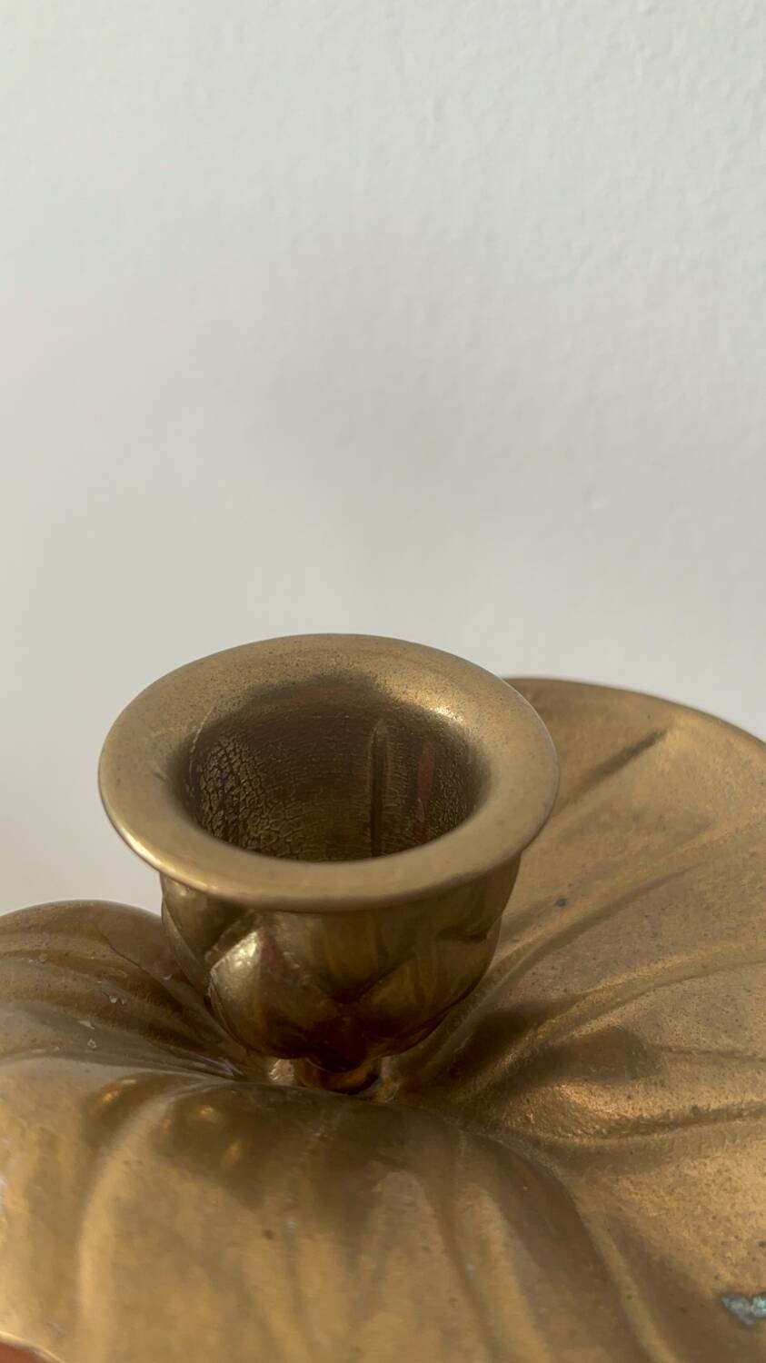 Set of 2 vintage candle holders bronze alloy – Metal flower candle holders gold