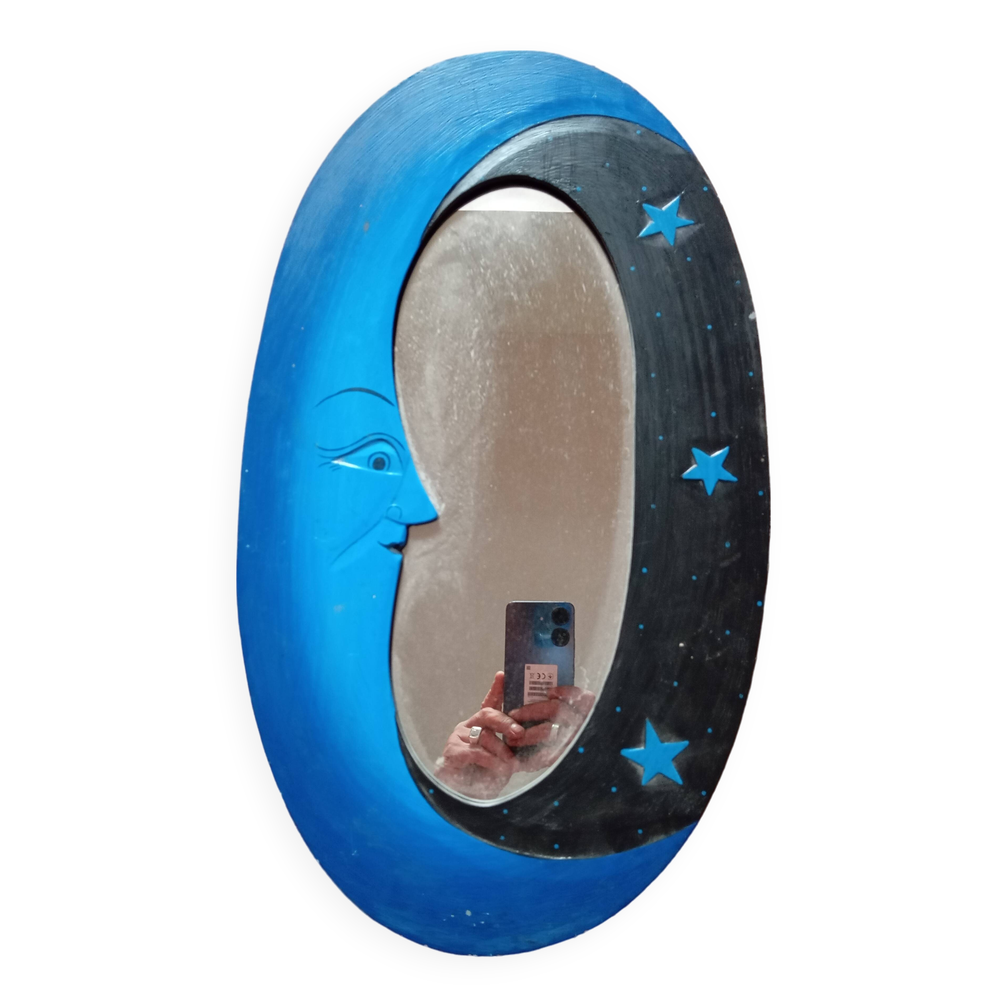 Blue & black wooden moon mirror