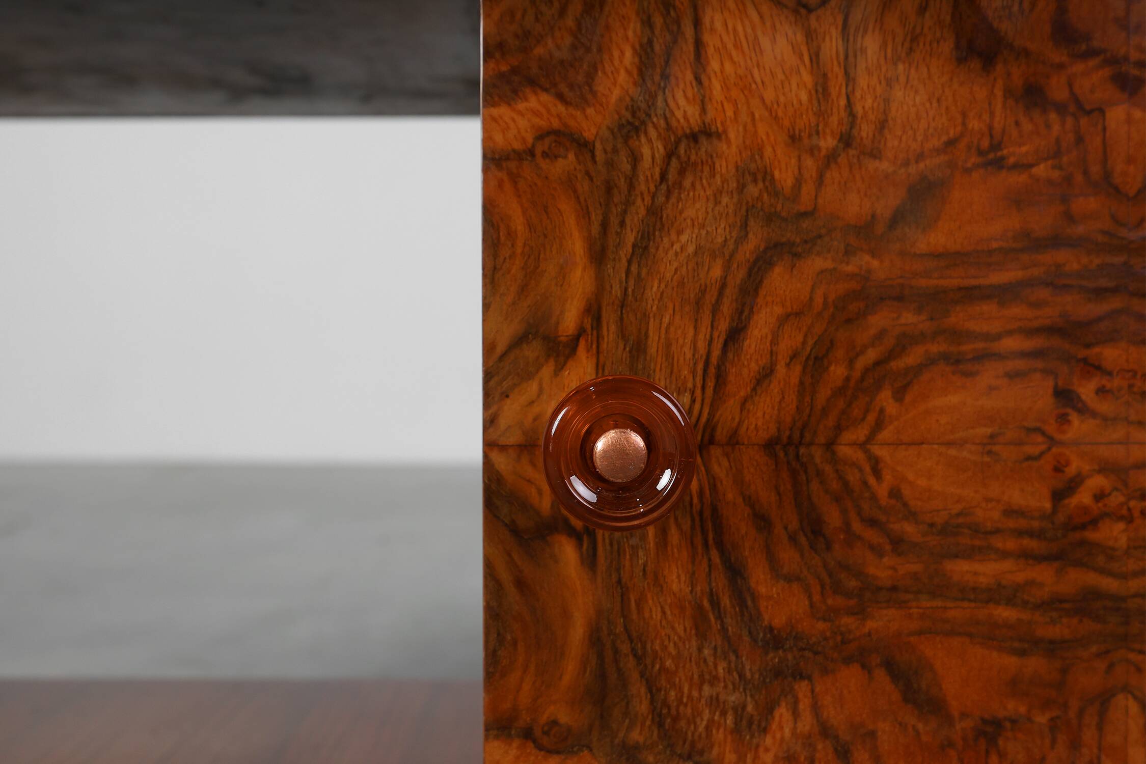 Belgian Art Deco Cabinet in Burl Veneer with Marble and Glass, circa 1930