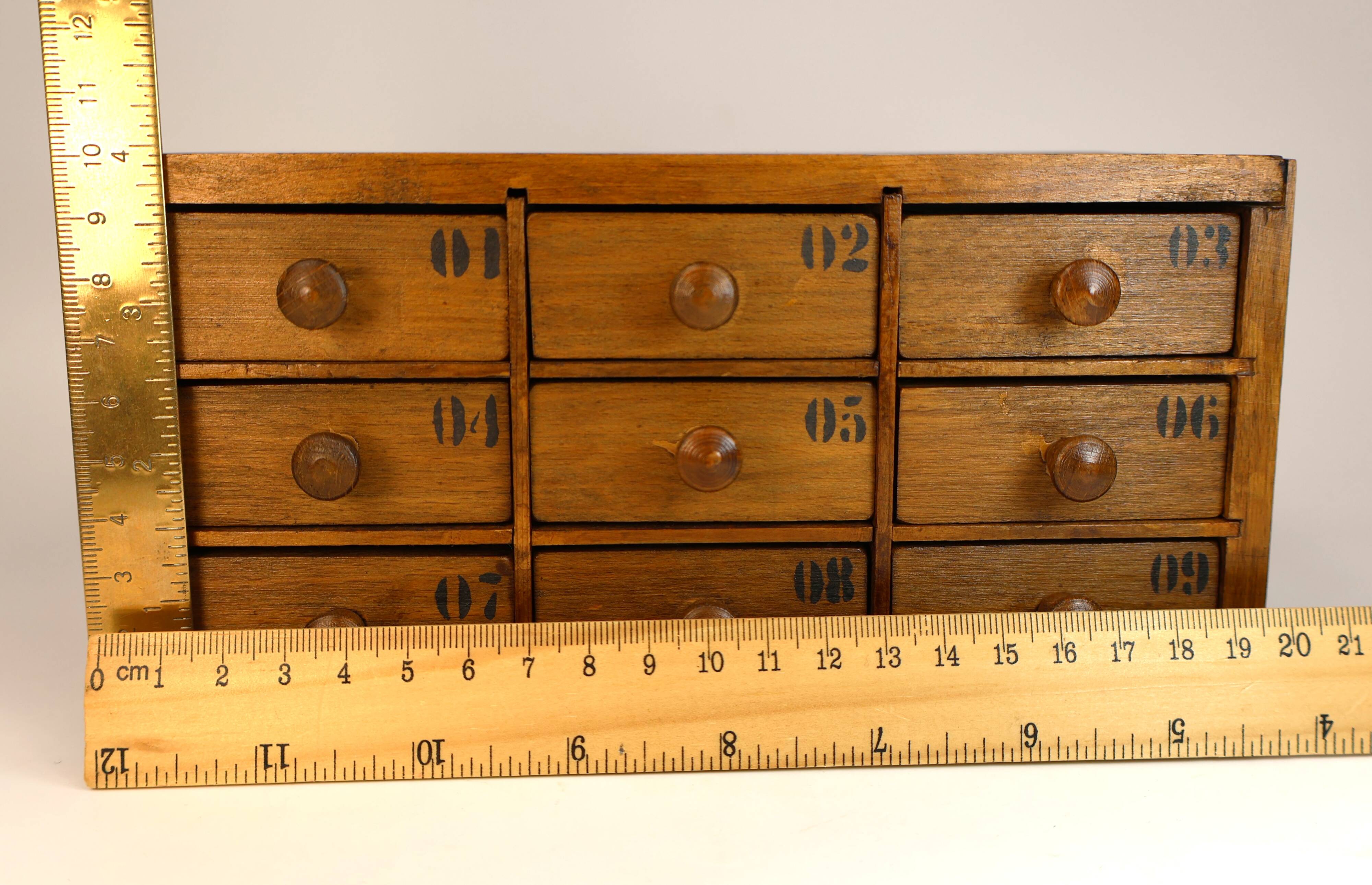 Small drawer unit, vintage wooden watchmaker's chest.