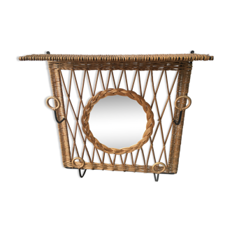 Coat hook and mirror in rattan