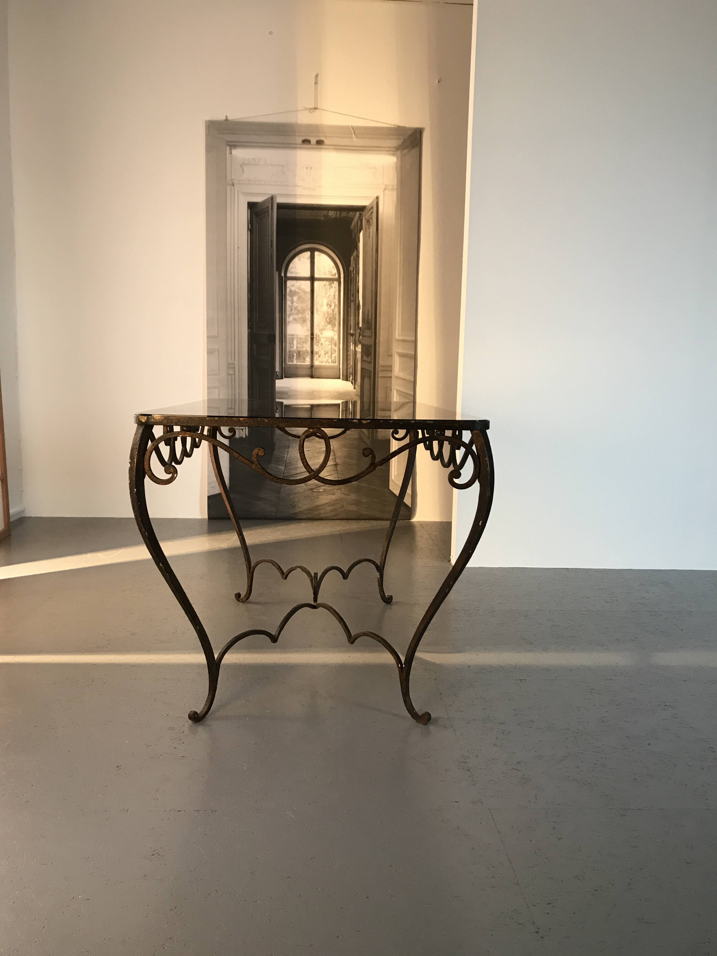 French Art Deco Wrought Iron Dining Table with Black Colored Glass, 1930s