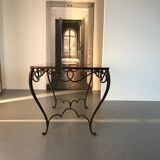 French Art Deco Wrought Iron Dining Table with Black Colored Glass, 1930s