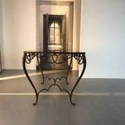Table à manger Art Déco en fer forgé avec verre noir, années 1930