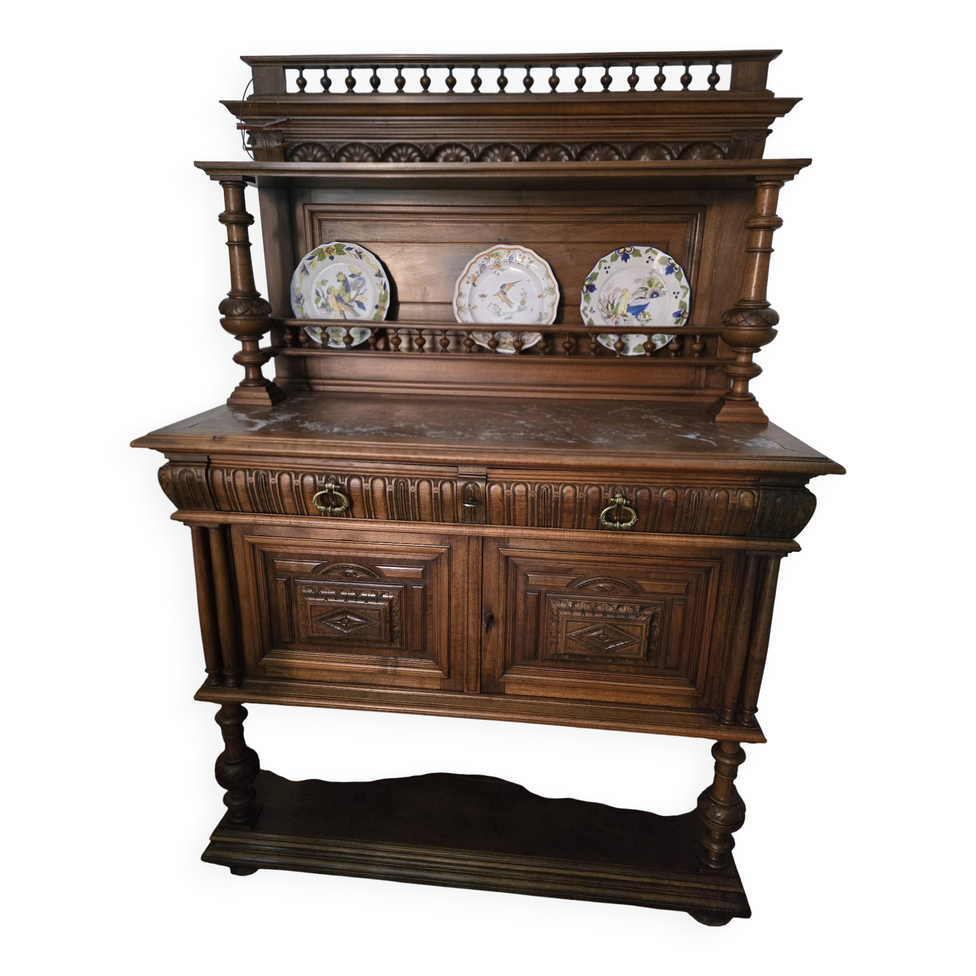 Magnificent buffet/cabinet in Henri II style made of solid walnut and marble.