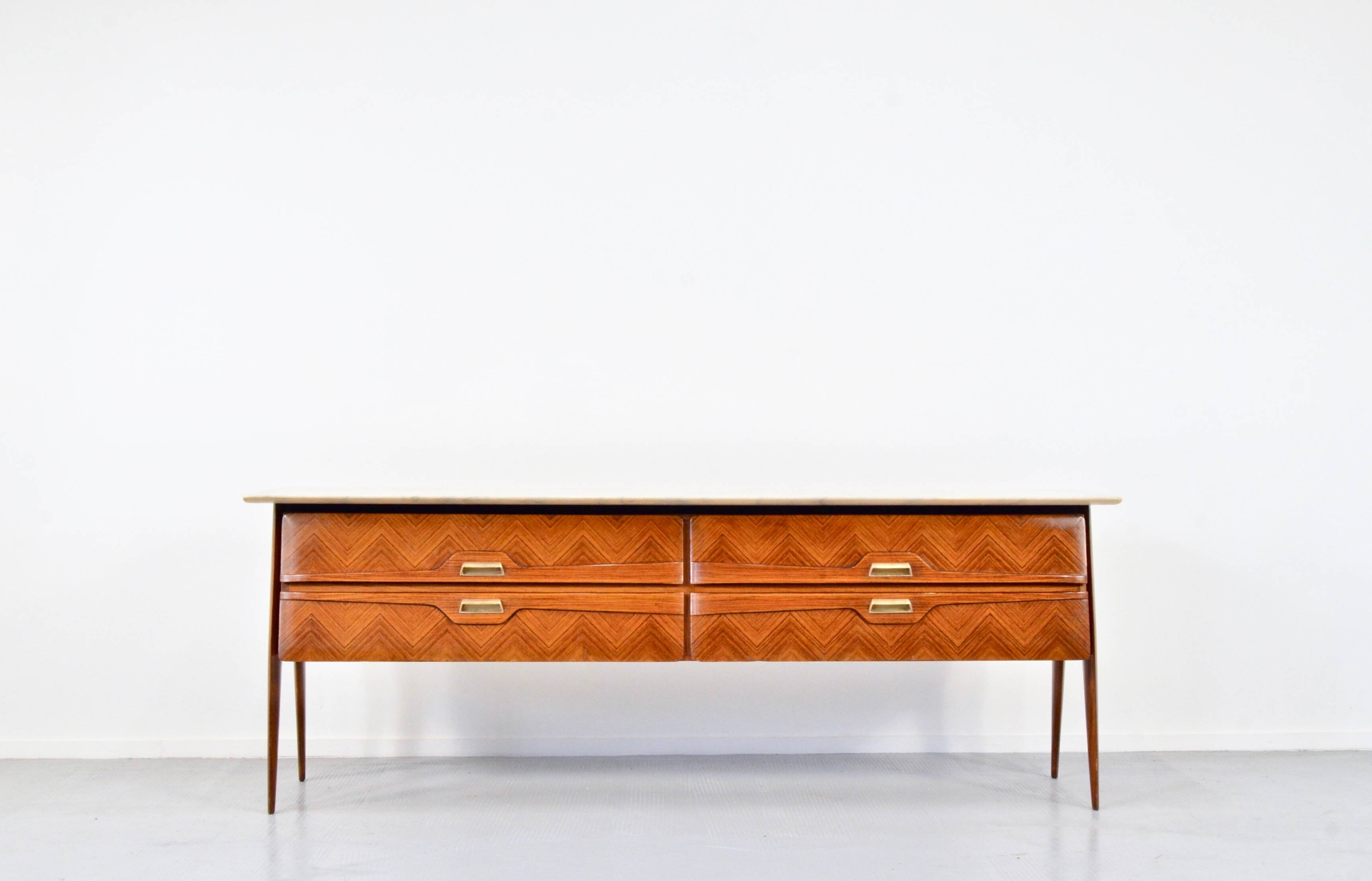 Italian Midcentury Sideboard in Rosewood, Carrara Marble and Brass