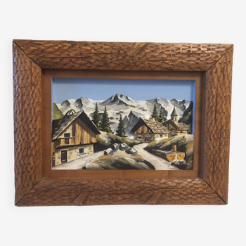 Cadre relief en bois sculpté - chalet de montagne - signé guillot - vintage