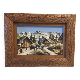 Cadre relief en bois sculpté - chalet de montagne - signé guillot - vintage