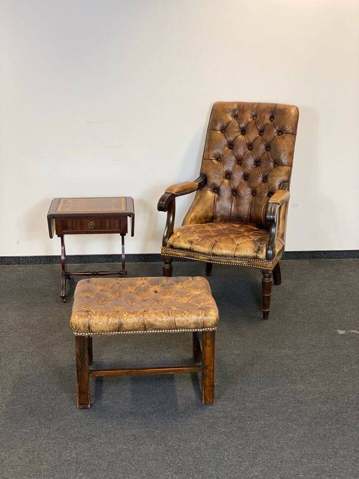 Antique Chesterfield Wing Chair with Stool and English Side Table
