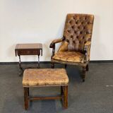 Antique Chesterfield Wing Chair with Stool and English Side Table