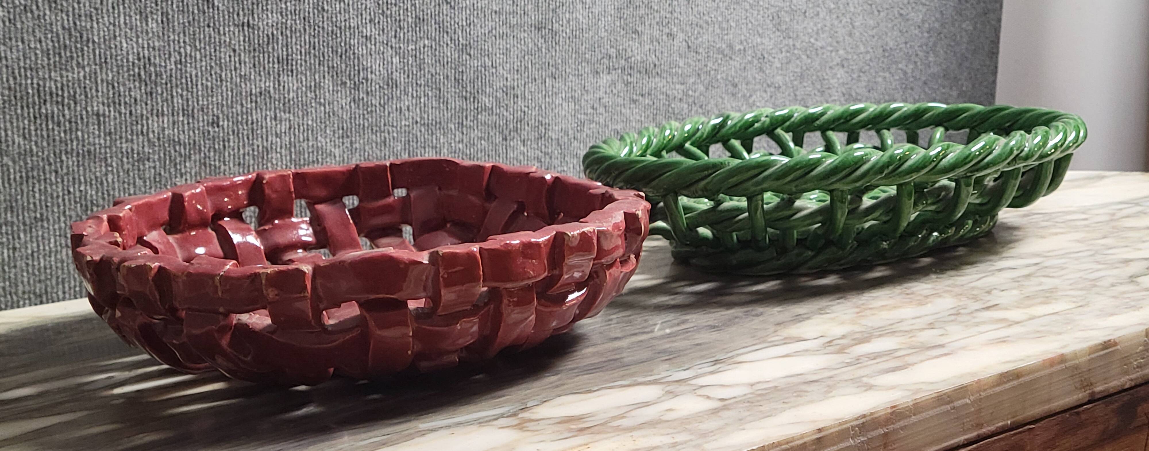Two woven ceramic fruit baskets/centerpieces