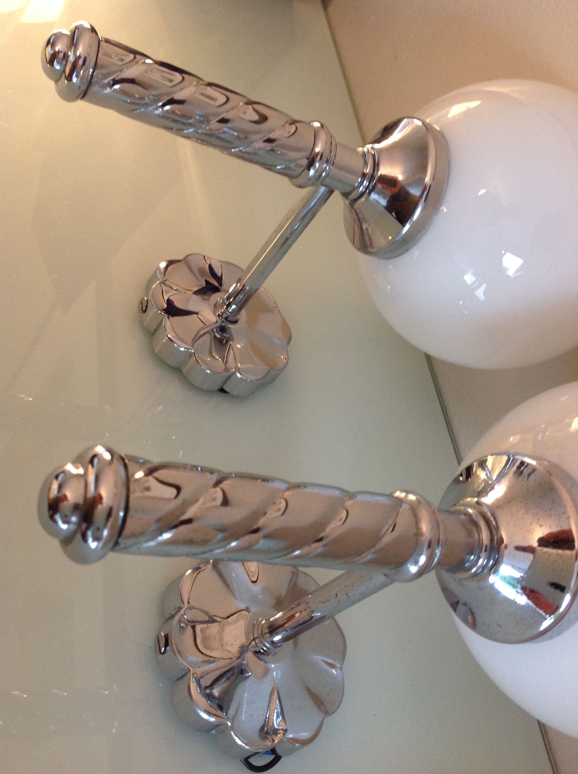 Pair of globe wall lamps in white opaline and chrome/vintage metal 70s