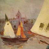 Signed painting and dated seascape with boats from the 20th century