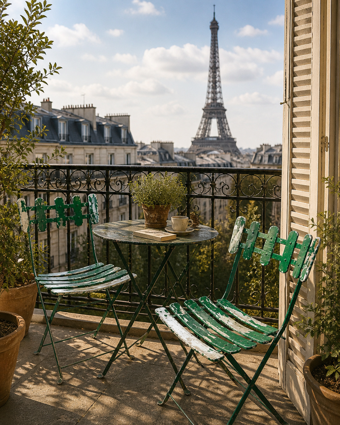 Pair of original patinated folding Parisian bistro chairs.