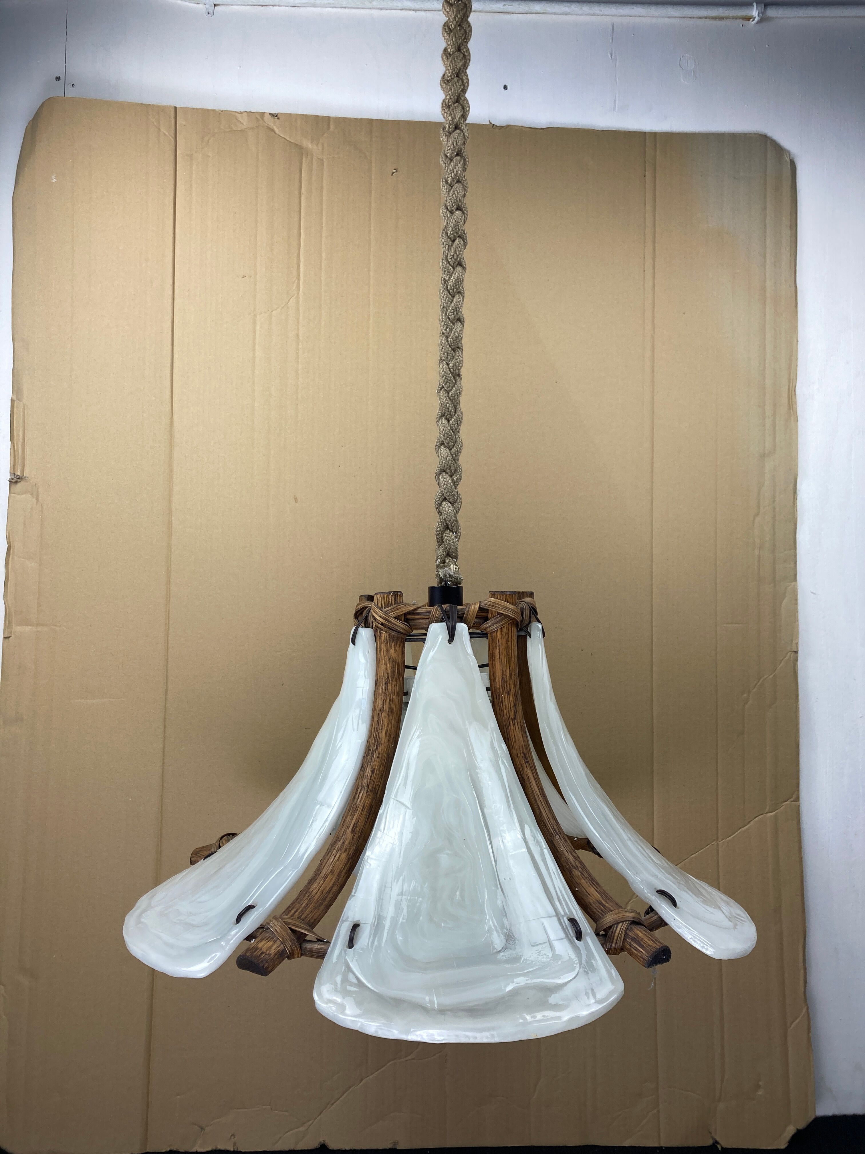 Bamboo acrylic and opaline hanging pendant, 1970,  58cm