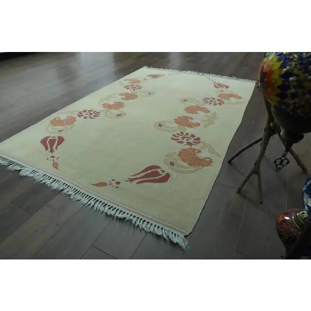 1970s Vintage Turkish Handmade Wool & Cotton Beige Area Rug 160x231