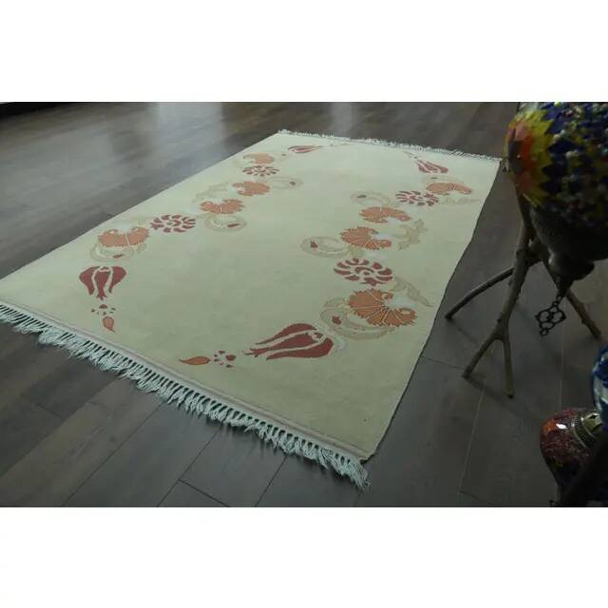 1970s Vintage Turkish Handmade Wool & Cotton Beige Area Rug 160x231
