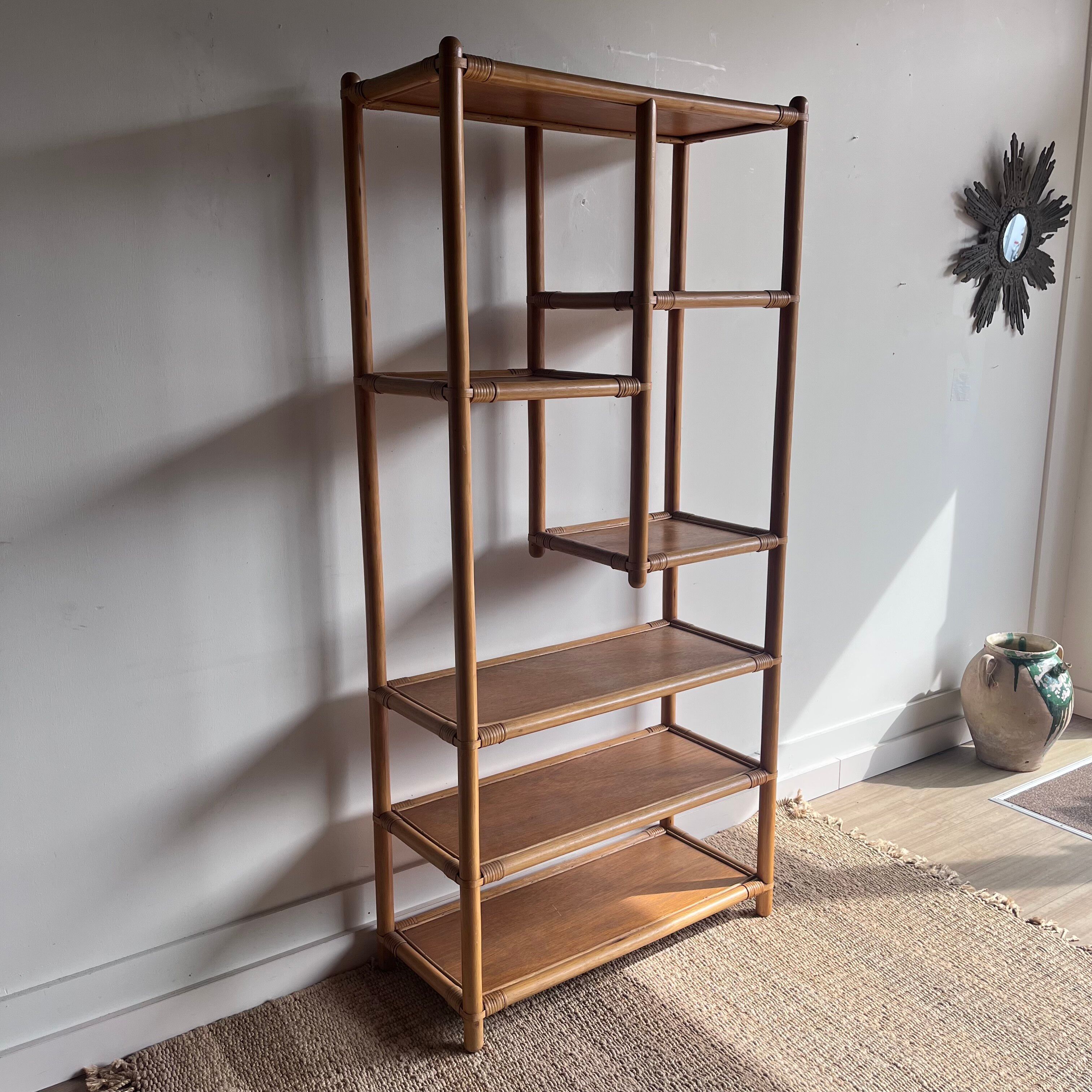 70's vintage bamboo rattan display bookshelf