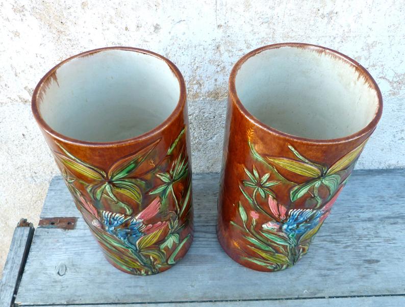 Pair of Palissy style vases school tours reliefs parrots