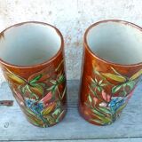 Pair of Palissy style vases school tours reliefs parrots