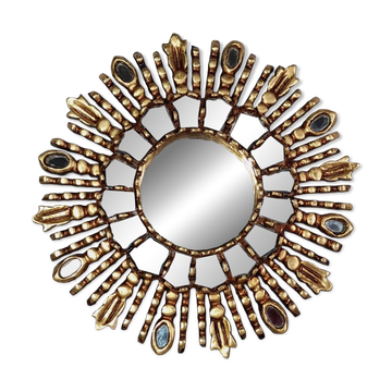 Vintage 35 cm gilded carved wood sun mirror with wooden slats D326