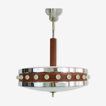 Vintage Scandinavian chandelier in chromed metal, glass wash-up. Chandelier 3 lights. Year 60