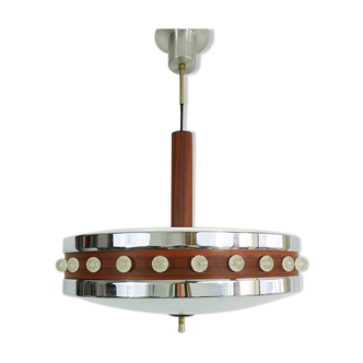 Vintage Scandinavian chandelier in chromed metal, glass wash-up. Chandelier 3 lights. Year 60