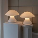 Set of 2 Murano opaline white glass mushroom table lamps with silver ring details - Space Age 1970s