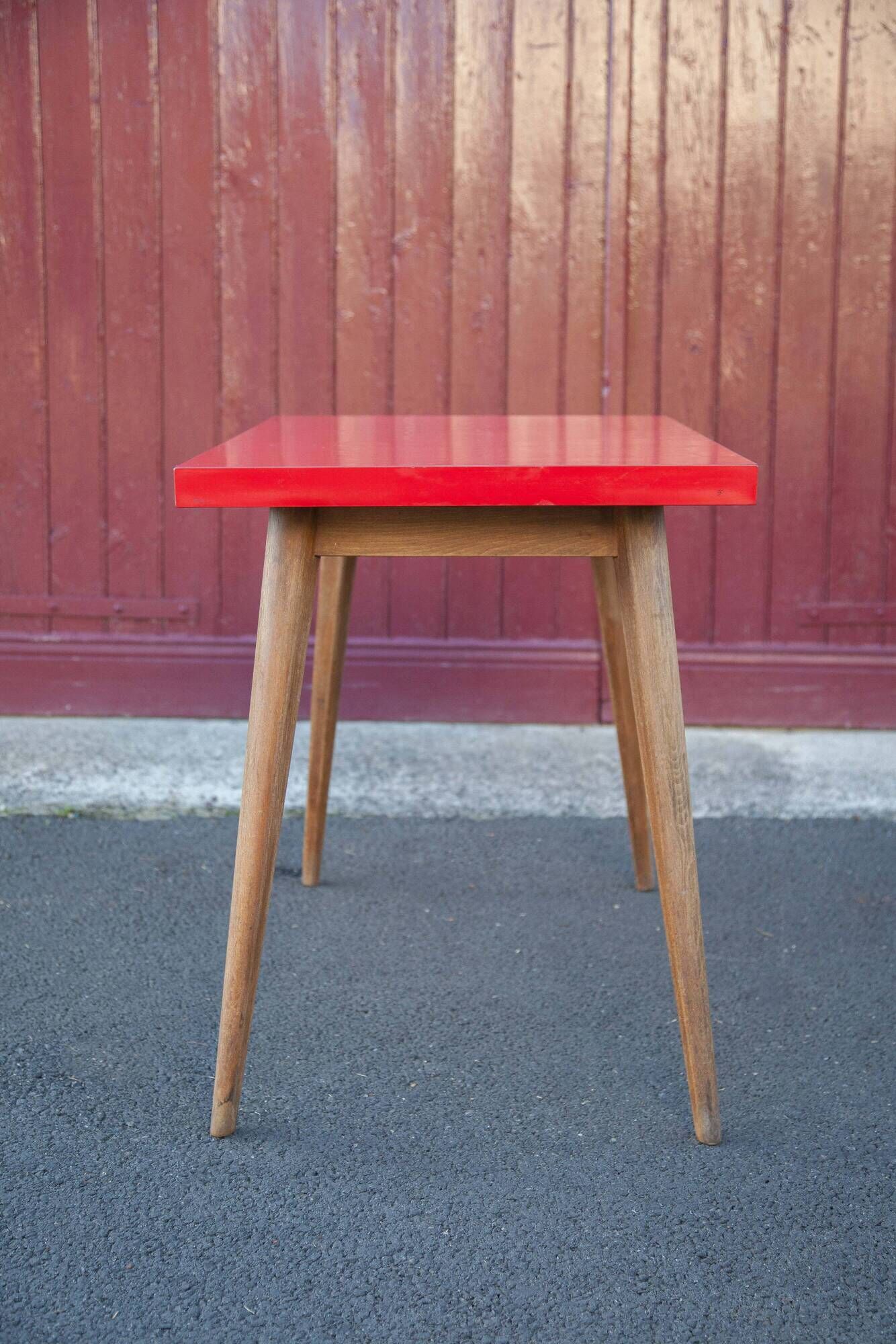 Vintage bistro table wooden table and red formica feet compass, kitchen, countryside
