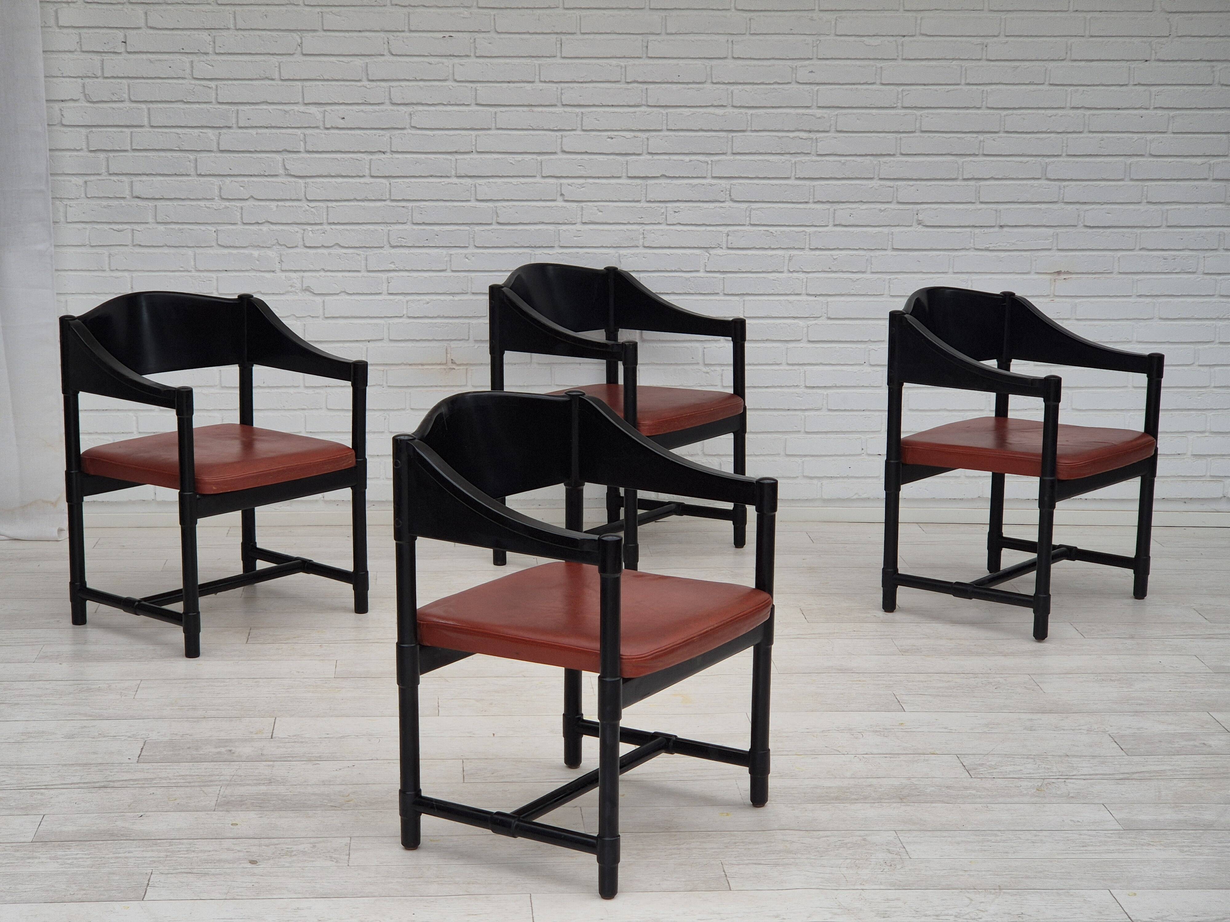 1970s, set of 4 Finnish armchairs by Lepokalusto, original condition, birch wood, leather.