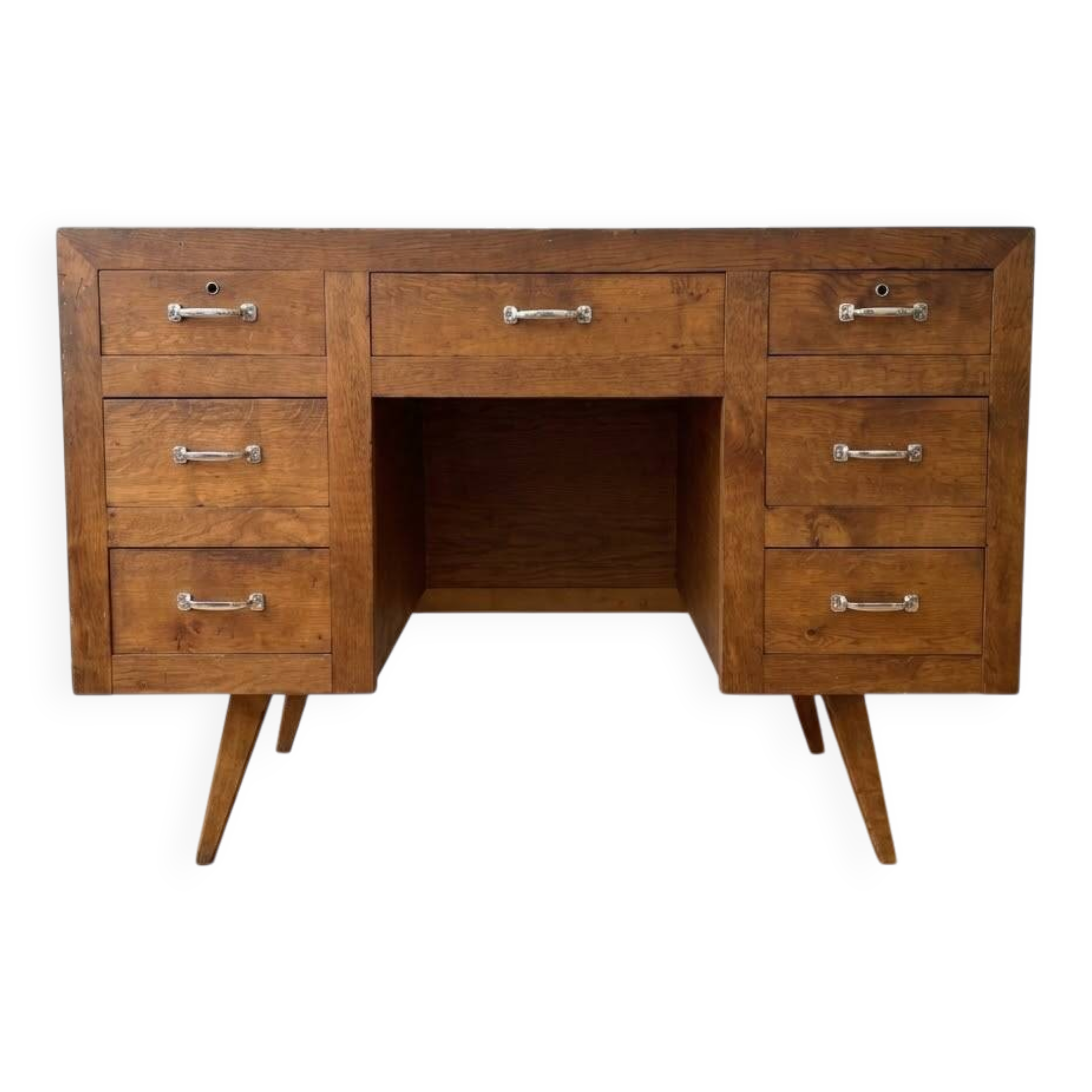 Vintage Scandinavian desk in waxed wood with 7 drawers.