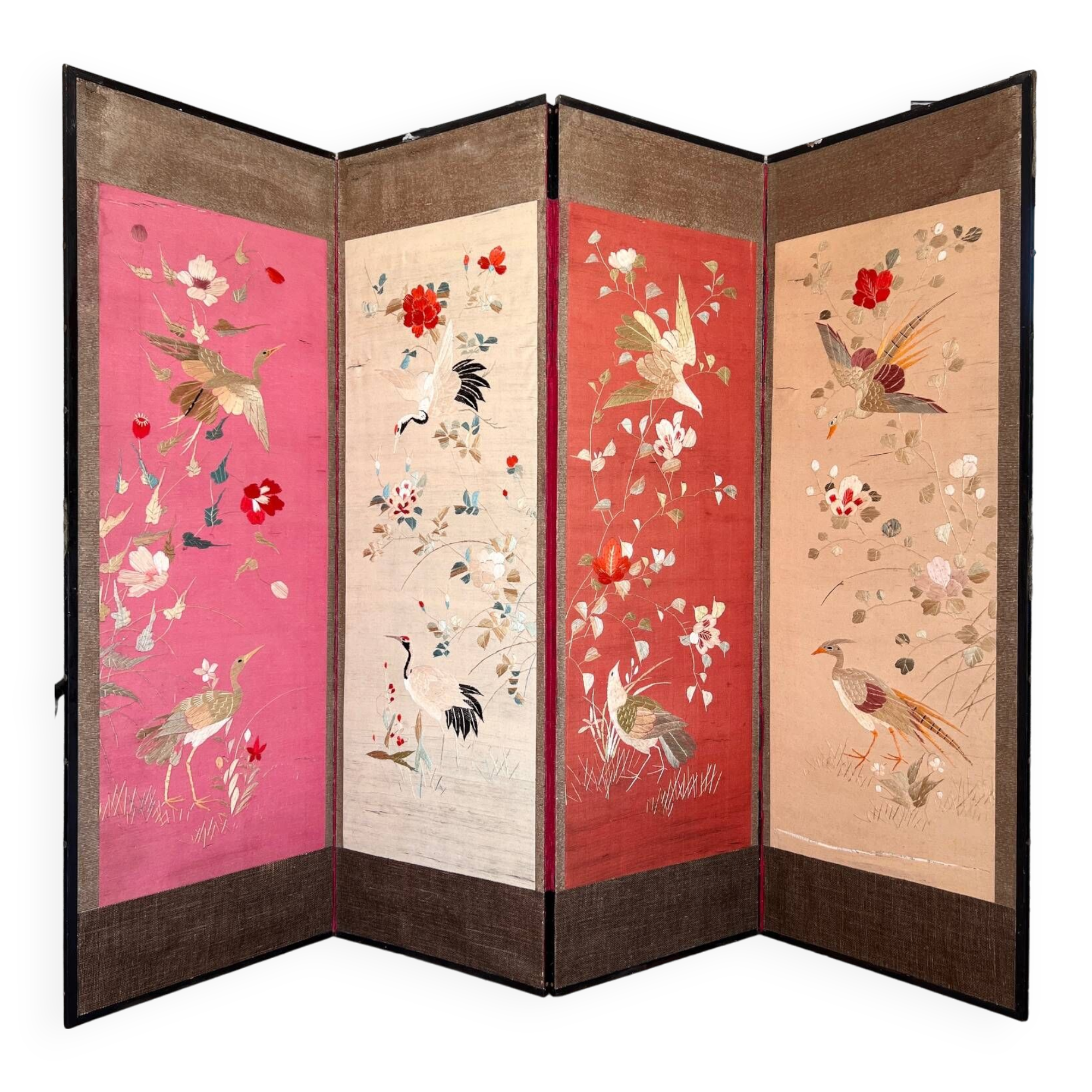 4-panel Japanese screen, 19th century, bird silk embroidery
