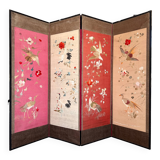 Paravent 4 panneaux japon XIXem, broderie soie oiseau