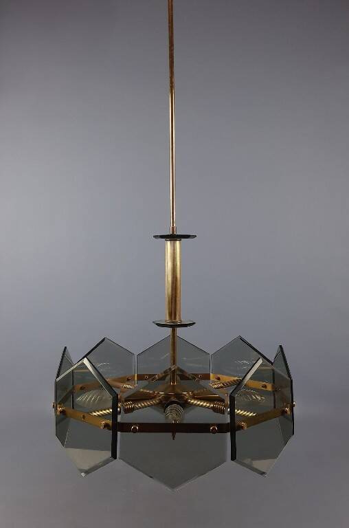 Lustre design Gino Paroldo Fontana Arte brass smoked glass modernist 1960