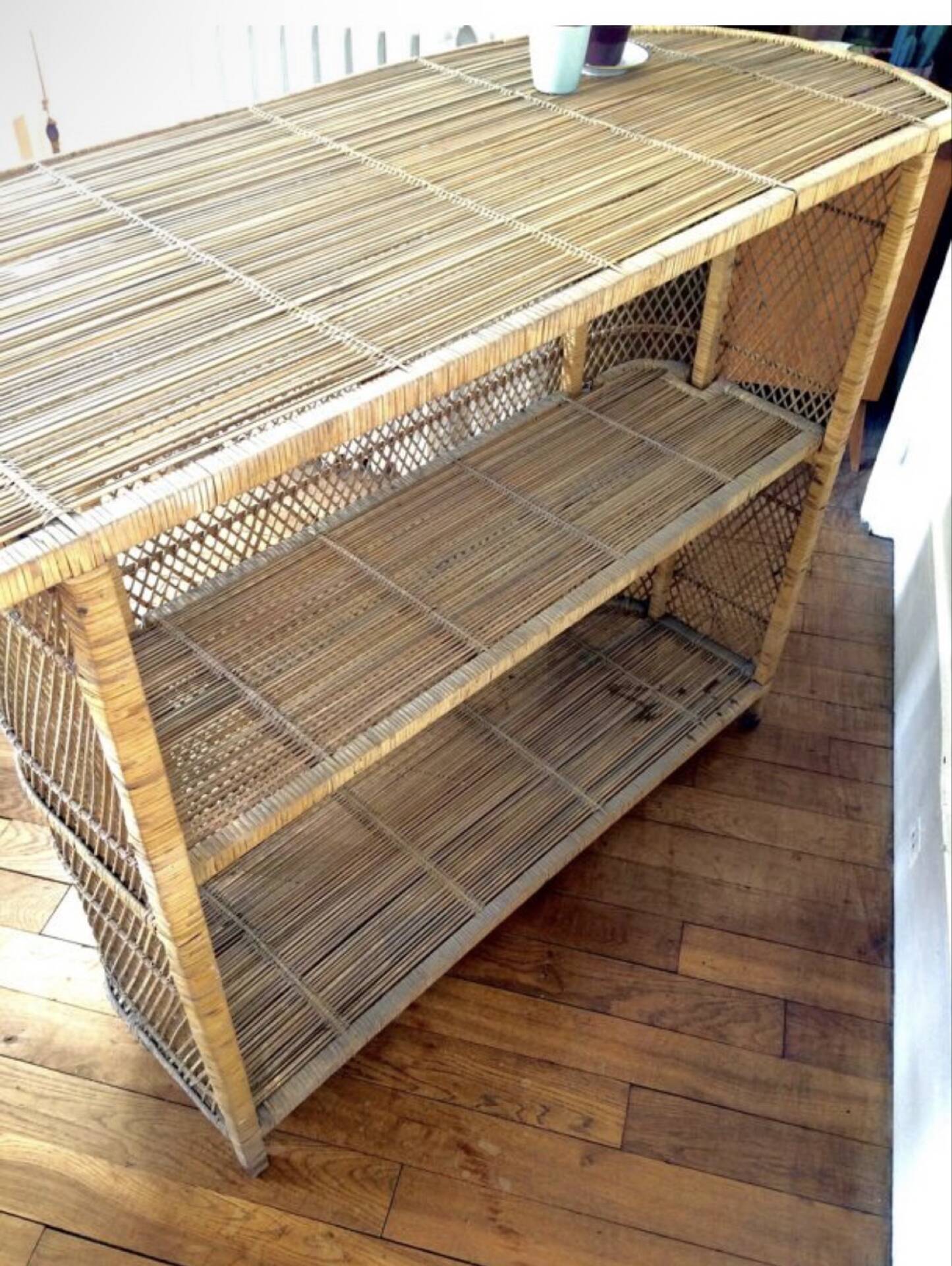 Vintage rattan and wicker bar with 2 stools – 1960s/70s