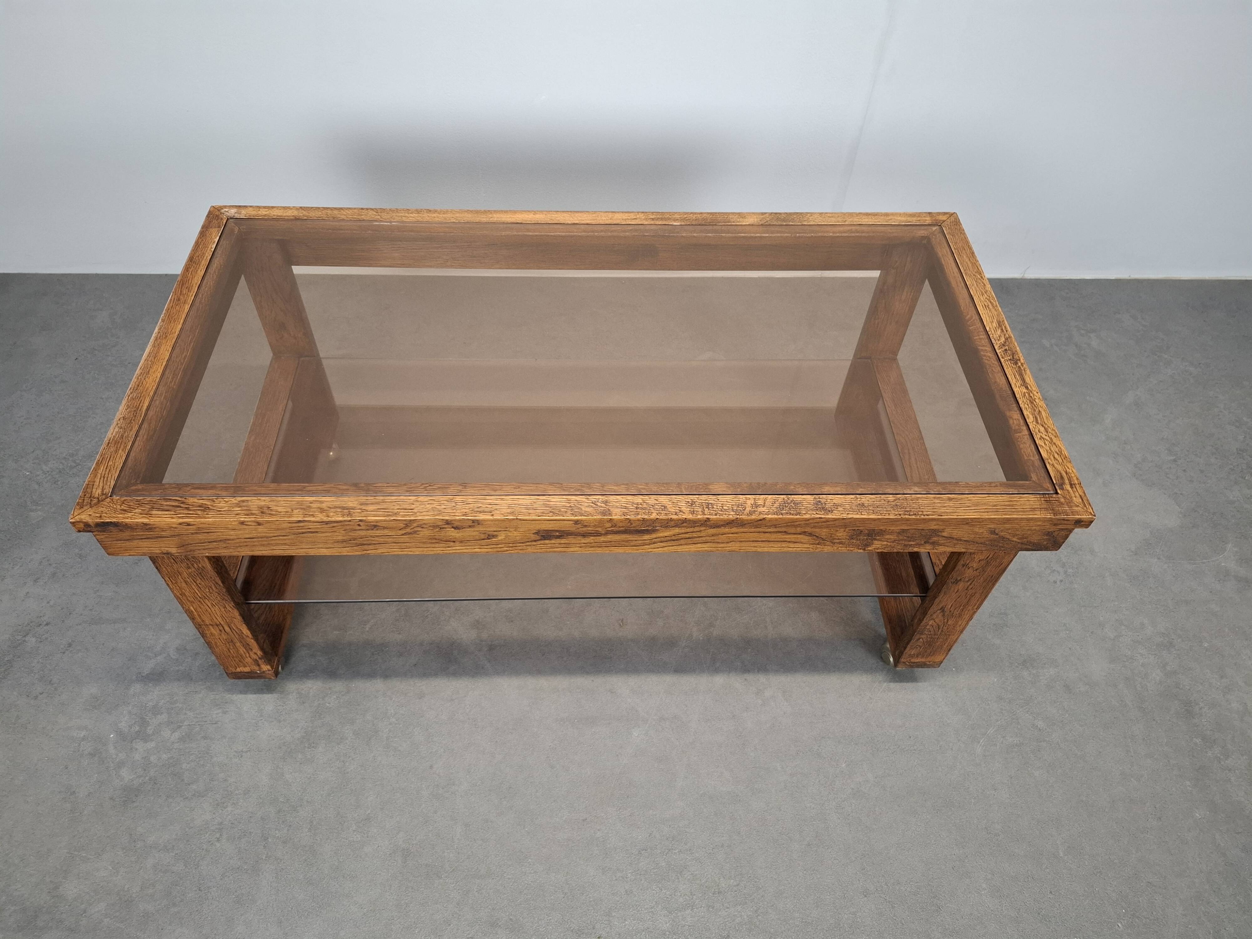 Mid-Century Smoked Glass and Wood Coffee Table on Wheels, Czechoslovakia