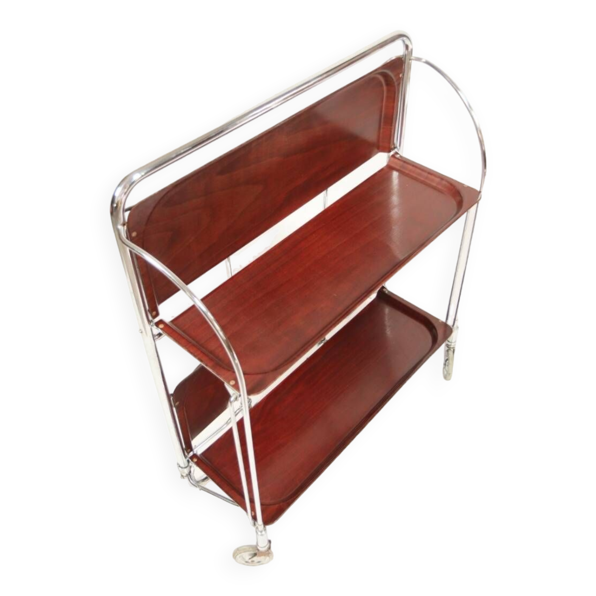 Bar de service vintage Bauhaus style chrome et bois mobile wengé
