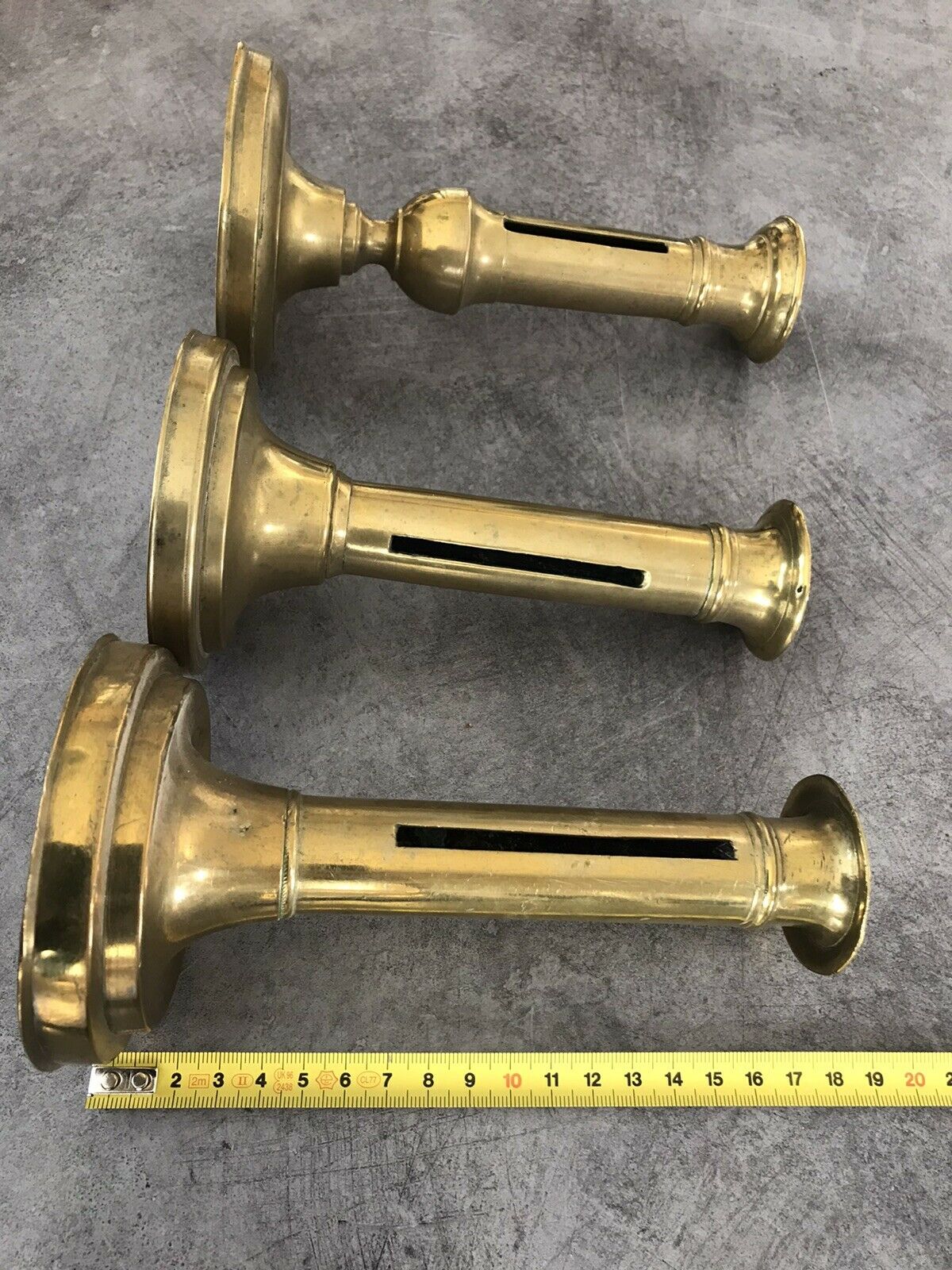 Set of 3 old brass copper zipper candlesticks