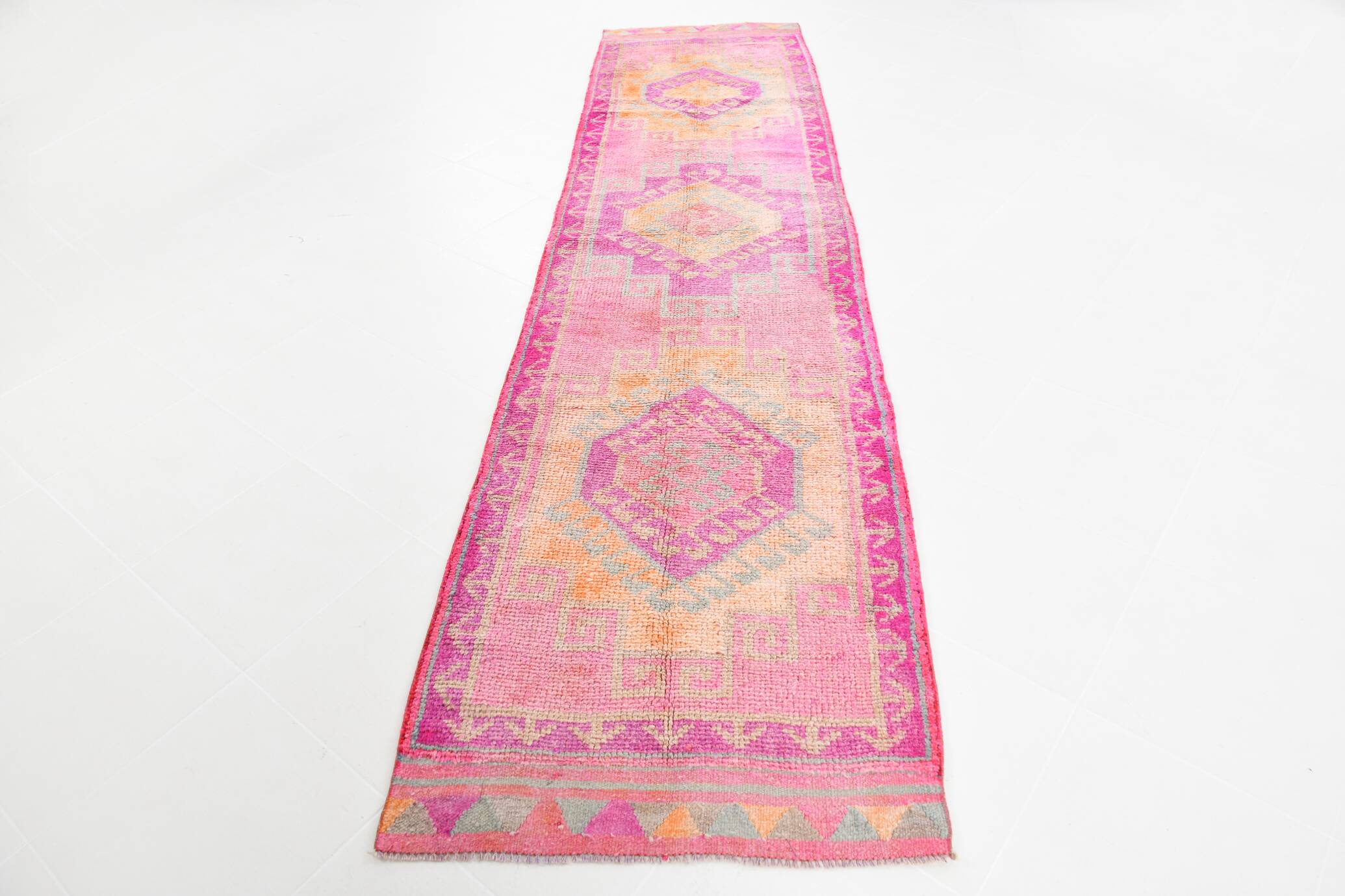 3x12 Fuchisa Pink Turkish Runner,Handmade Wool Vintage Runner Rug,90x359 Cm