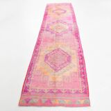 3x12 Fuchisa Pink Turkish Runner,Handmade Wool Vintage Runner Rug,90x359 Cm