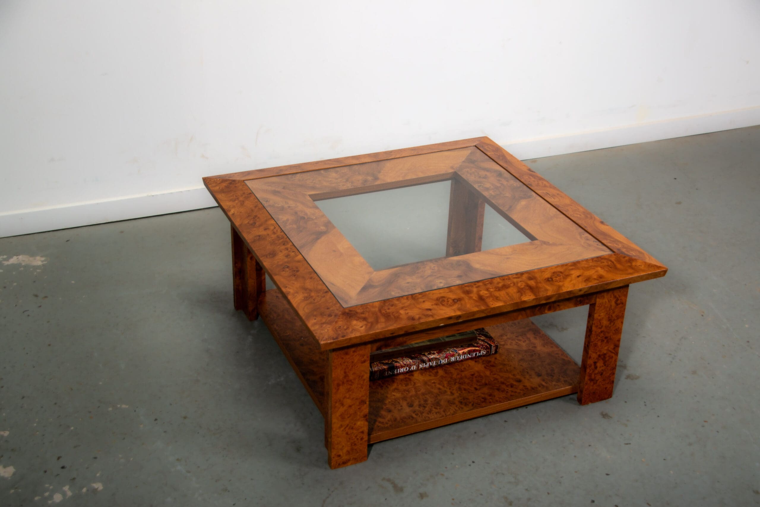 Walnut burl and glass coffee table circa 1980