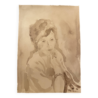 Signed painting monochrome watercolor sepia portrait of a “mysterious” female